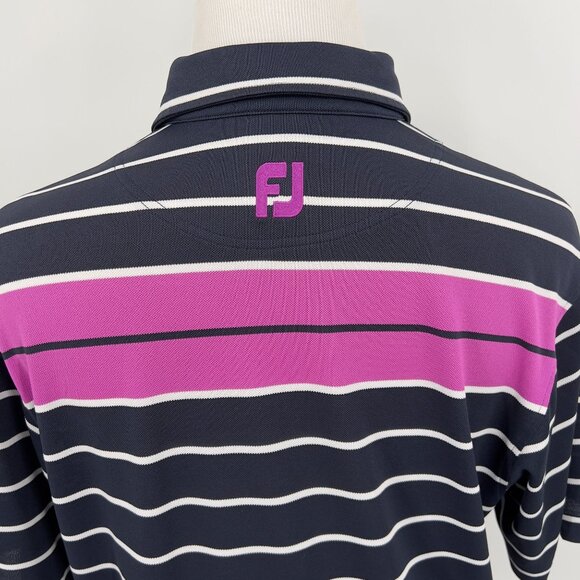 FootJoy FJ Men's Golf Polo Shirt Size M Medium Navy & White Striped With Pink Ac - Picture 1 of 6